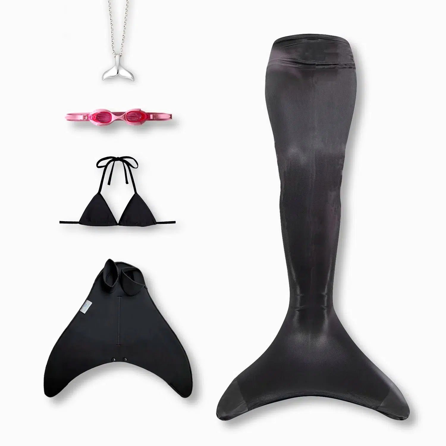 All Black mermaid tail with monofin, bikini top, goggles and necklace Ocean Queens