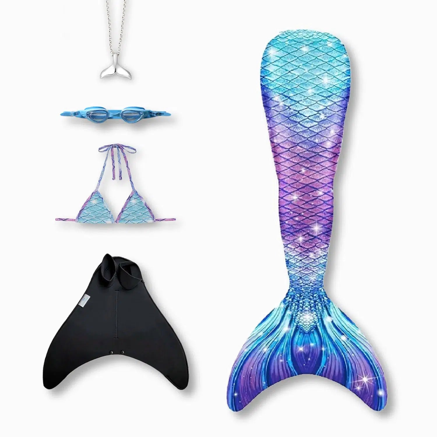Galaxy mermaid tail with monofin, bikini top, goggles and necklace Ocean Queens
