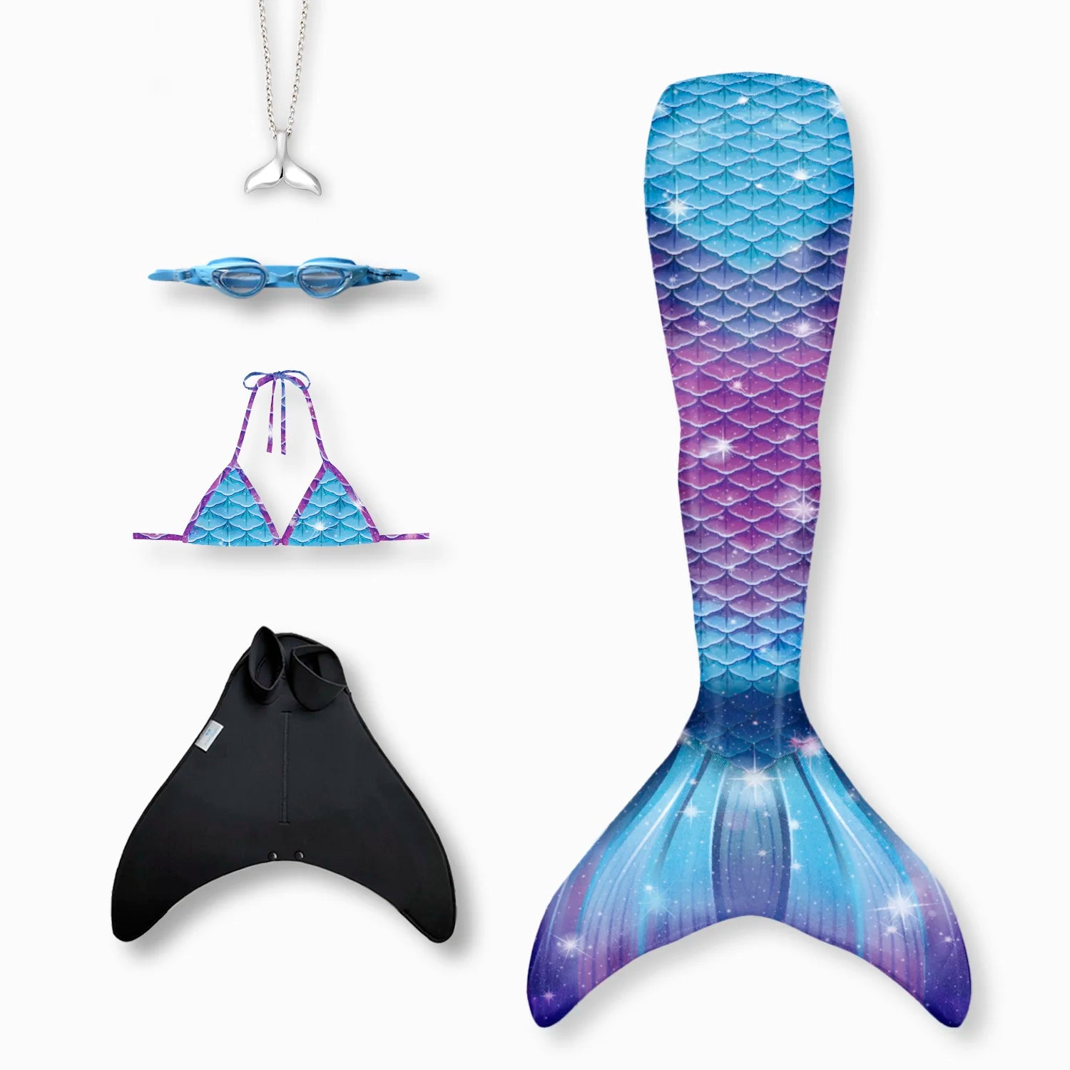 Galaxy mermaid tail with monofin, bikini top, goggles and necklace Ocean Queens