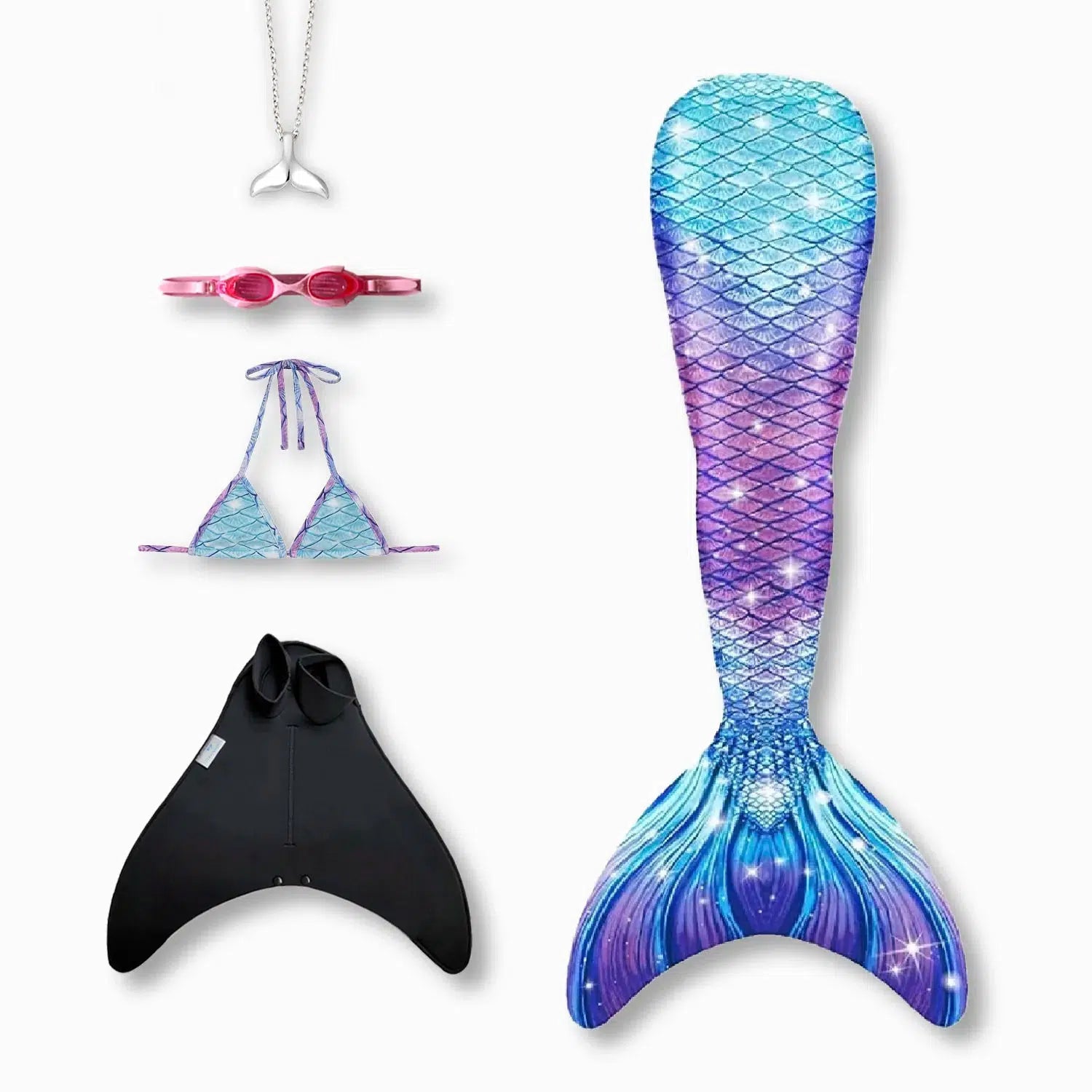 Galaxy mermaid tail with monofin, bikini top, goggles and necklace Ocean Queens