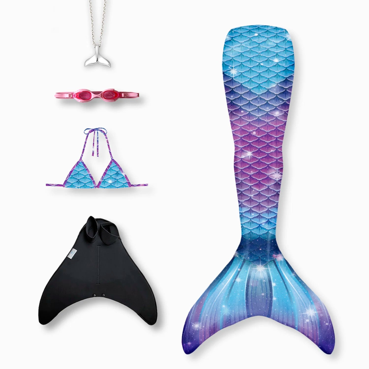 Galaxy mermaid tail with monofin, bikini top, goggles and necklace Ocean Queens