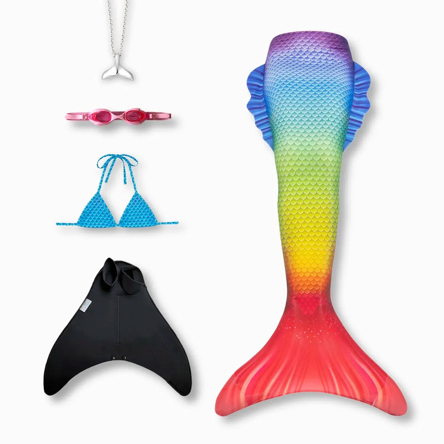 Happy mermaid tail with monofin, bikini top, goggles and necklace Ocean Queens