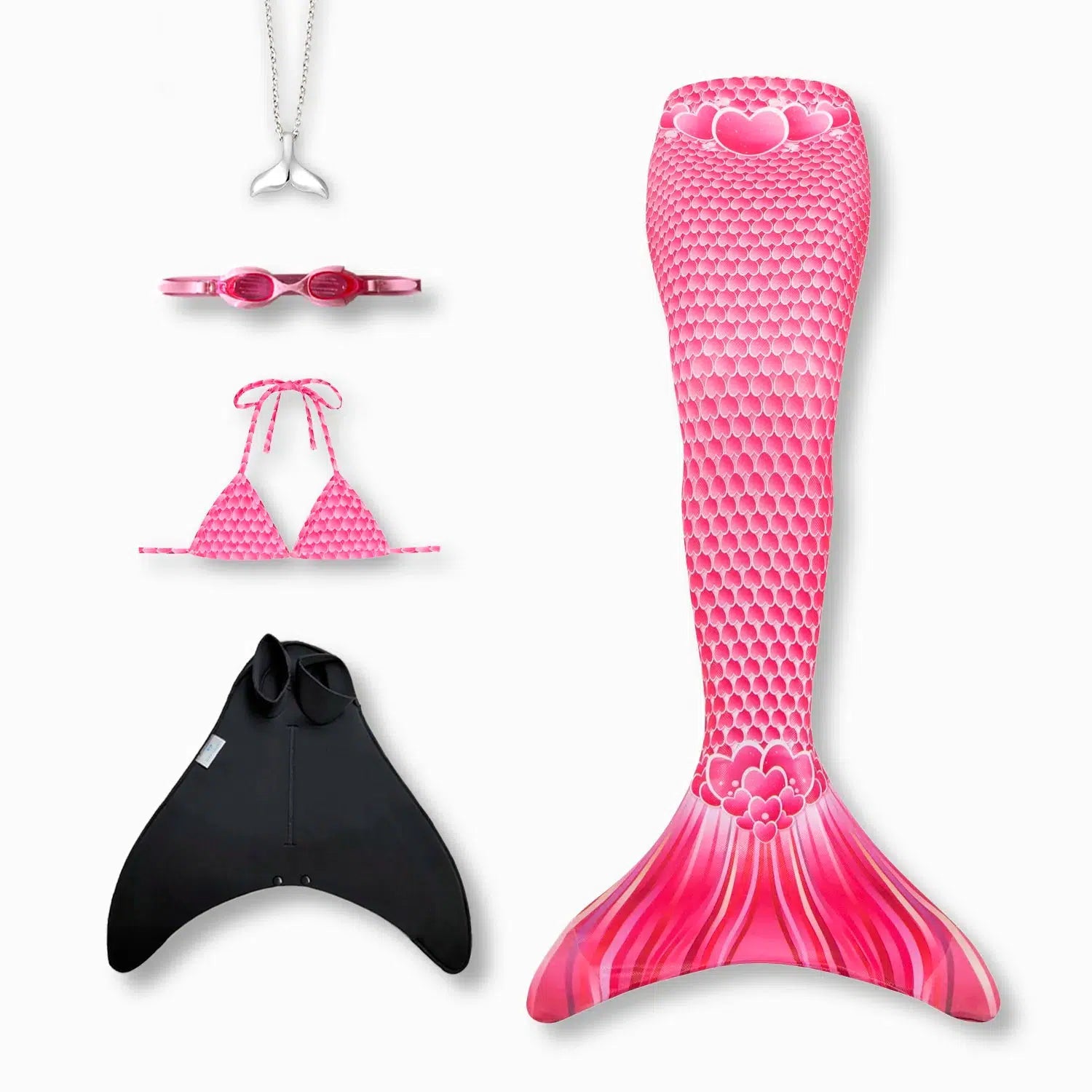 Hearts mermaid tail with monofin, bikini top, goggles and necklace Ocean Queens