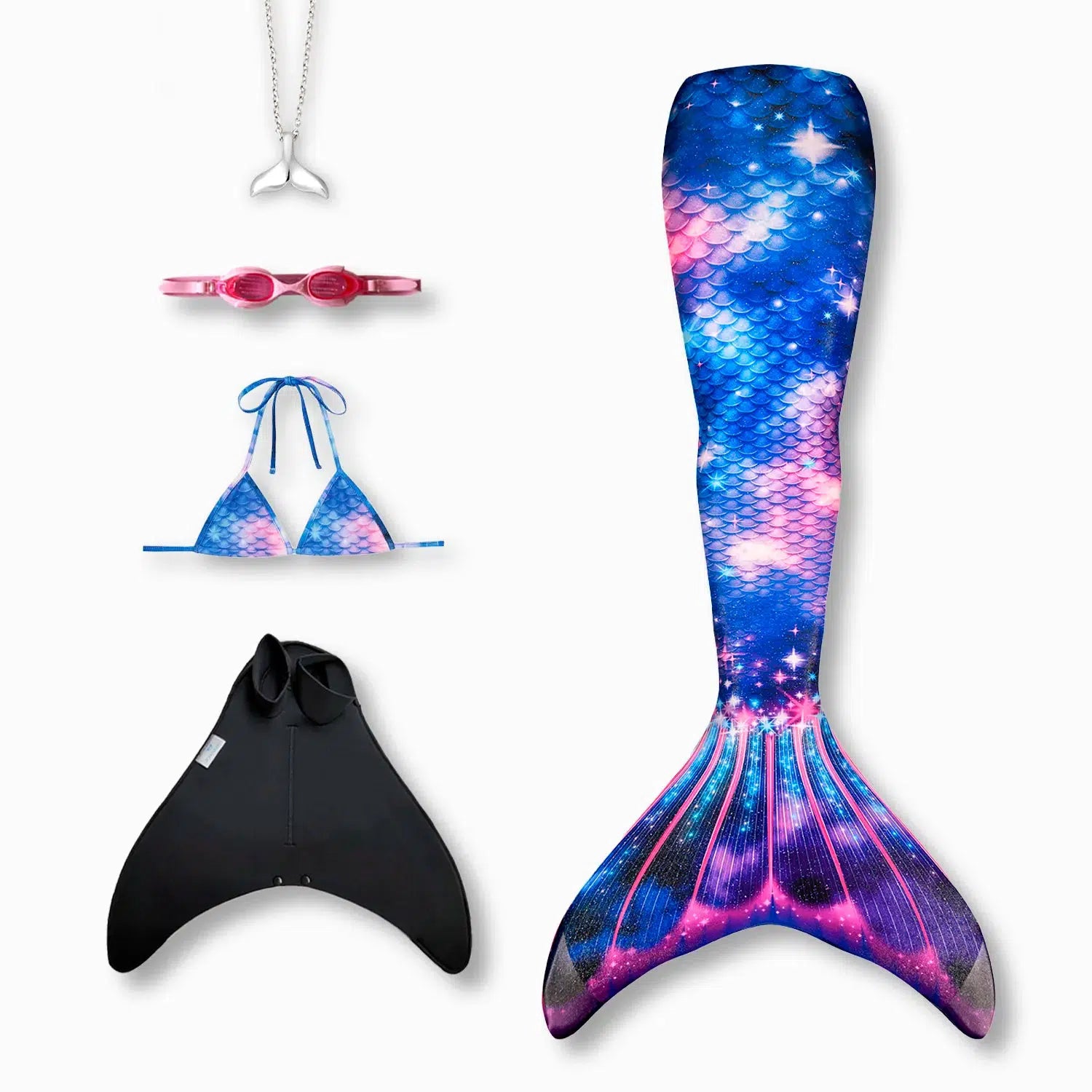 Lunar mermaid tail with monofin, bikini top, goggles and necklace Ocean Queens