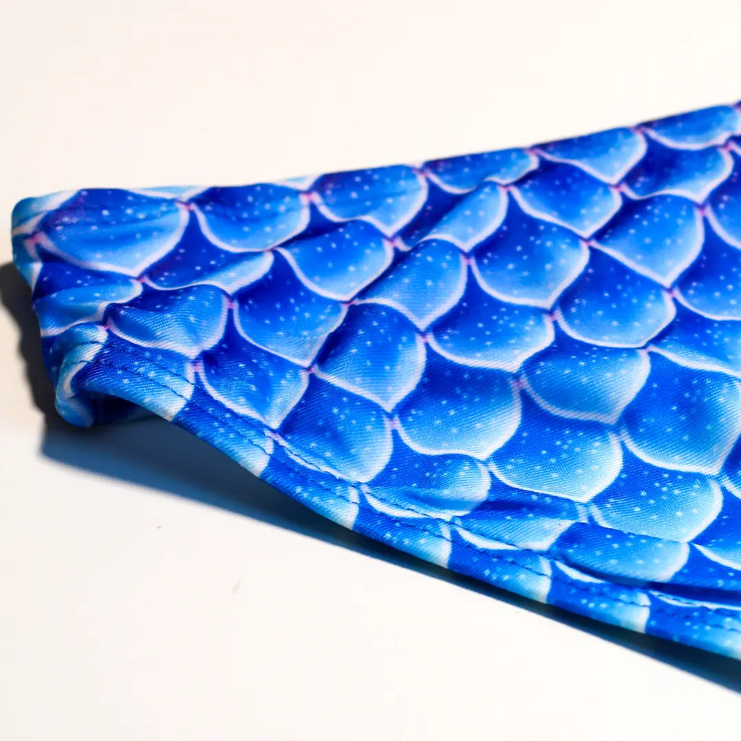 Back Detail view Studio product photography of Bikini bottom featuring a blue fish scales print, part of the Ocean Queens Delphi, Happy Swim Brief collection