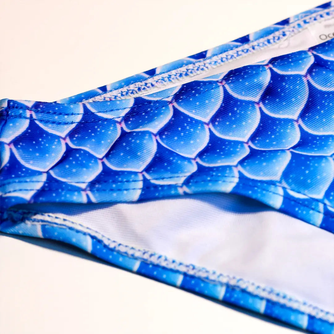 Front Detail view Studio product photography of Bikini bottom featuring a blue fish scales print, part of the Ocean Queens Delphi, Happy Swim Brief collection