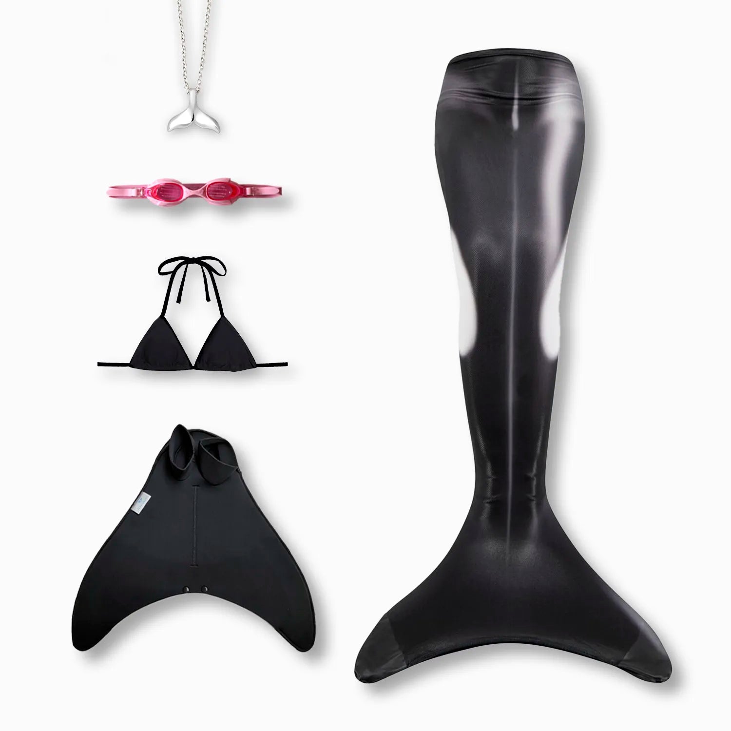 Orca mermaid tail with monofin, bikini top, goggles and necklace Ocean Queens