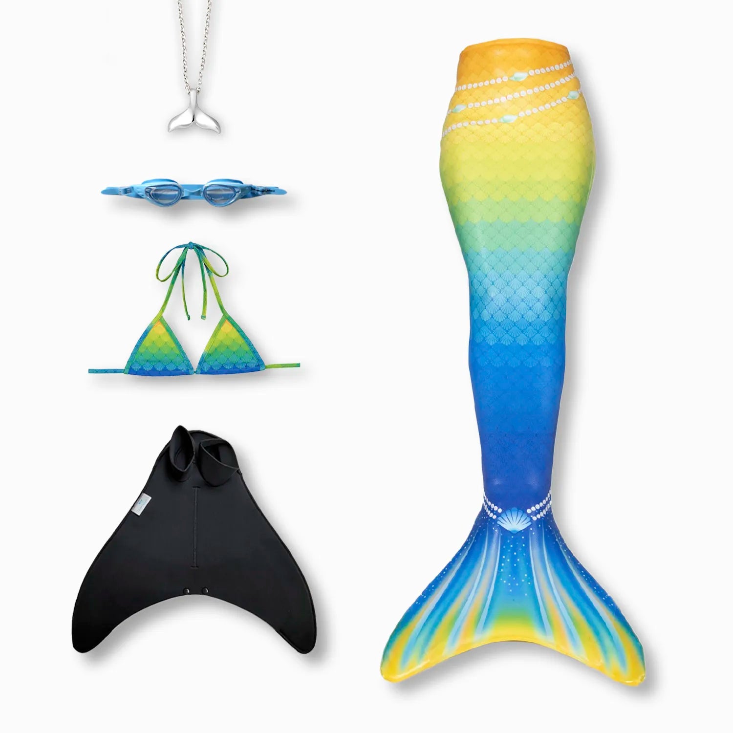 Rio mermaid tail with monofin, bikini top, goggles and necklace Ocean Queens