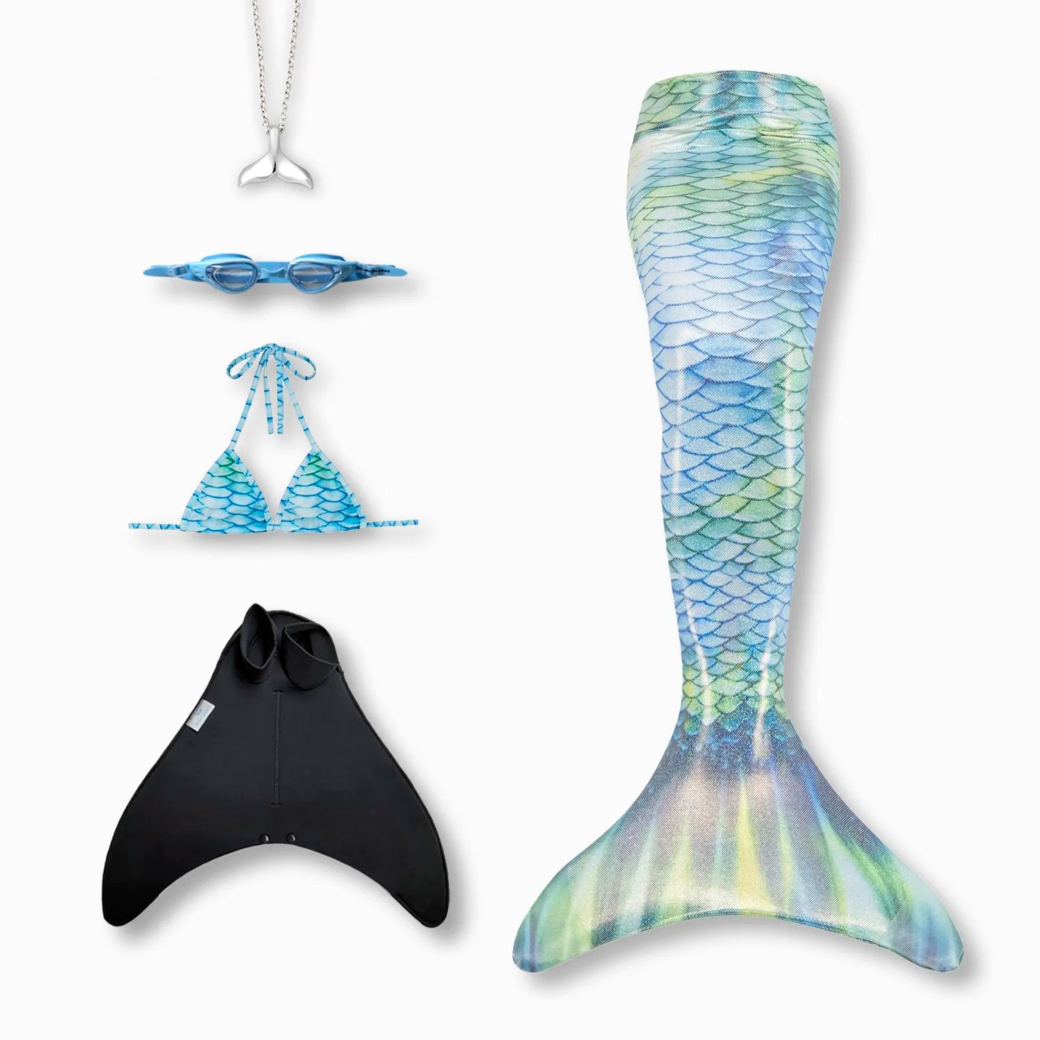 Serena mermaid tail with monofin, bikini top, goggles and necklace Ocean Queens
