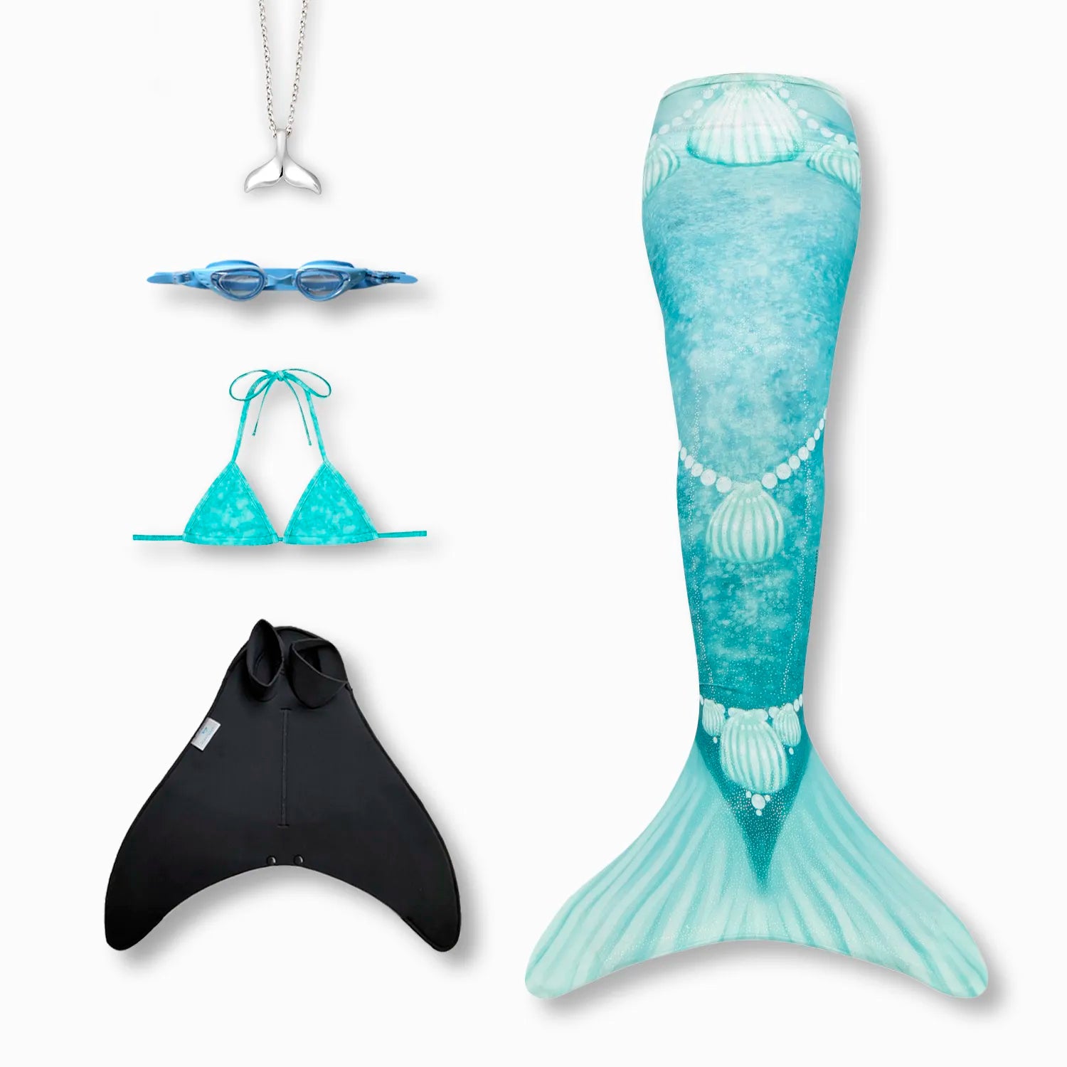 Shelly mermaid tail with monofin, bikini top, goggles and necklace Ocean Queens