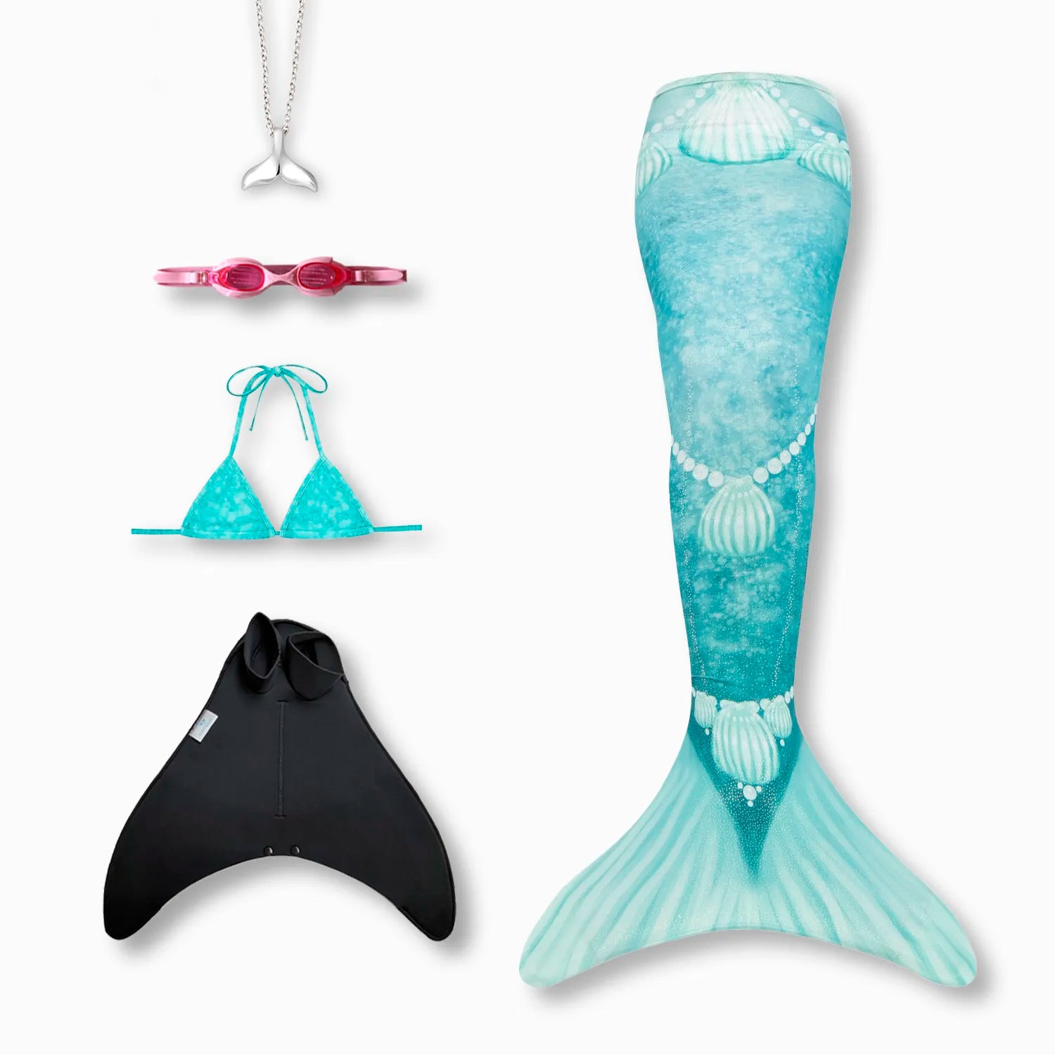 Shelly mermaid tail with monofin, bikini top, goggles and necklace Ocean Queens