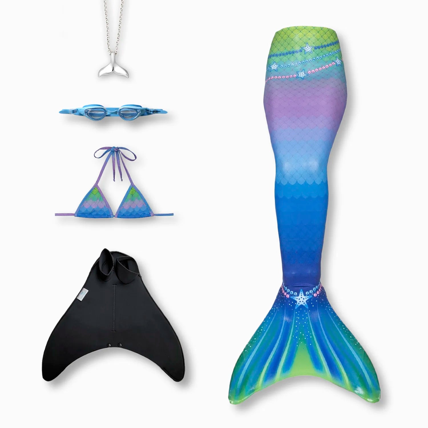 Starfish mermaid tail with monofin, bikini top, goggles and necklace Ocean Queens