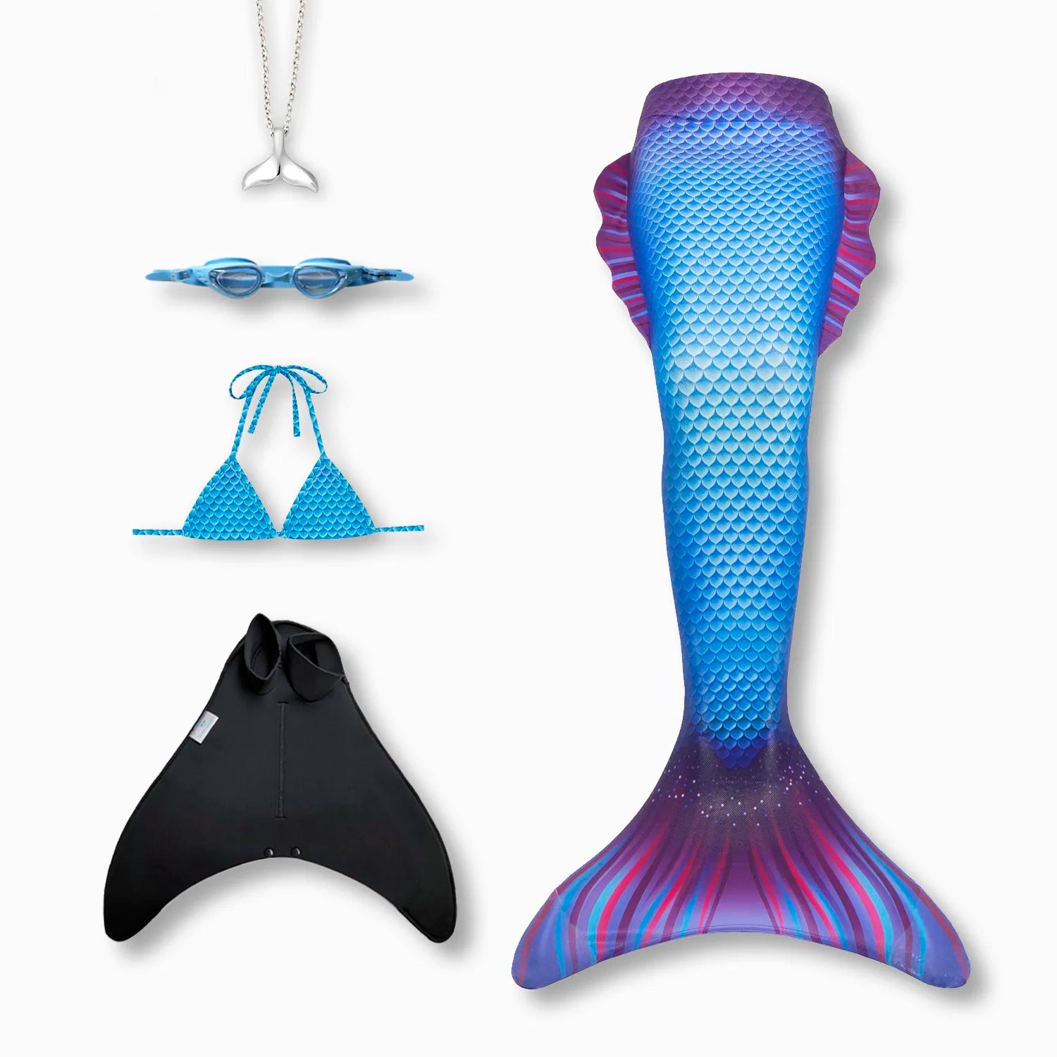 Delphi mermaid tail with monofin, bikini top, goggles and necklace