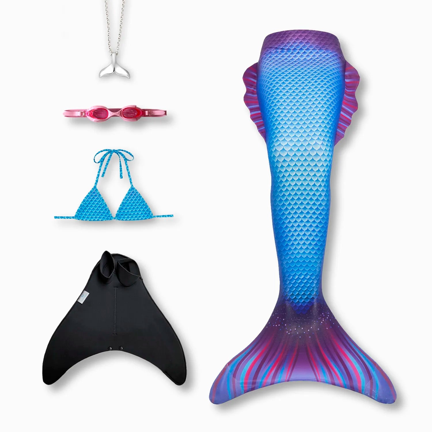 Delphi mermaid tail with monofin, bikini top, goggles and necklace