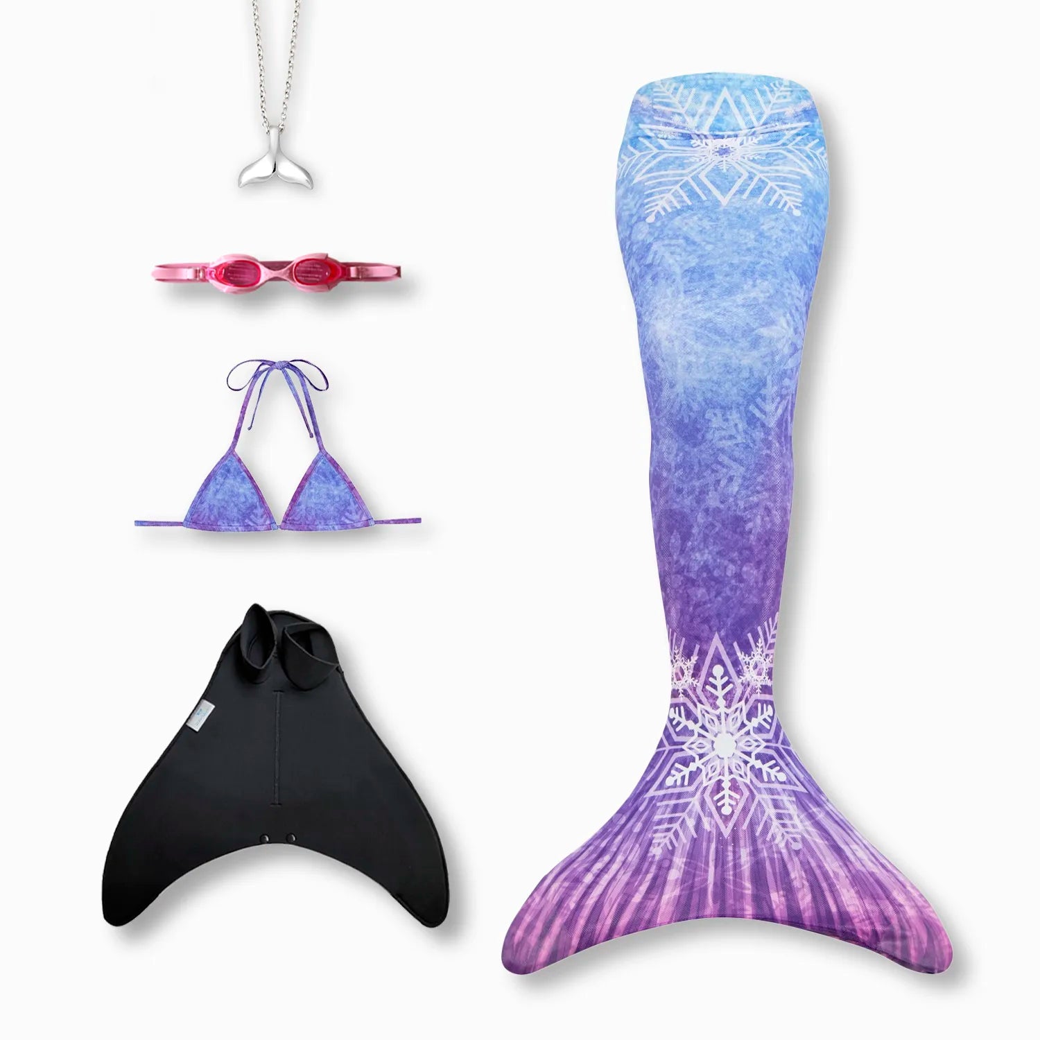 Isa mermaid tail with monofin, bikini top, goggles and necklace