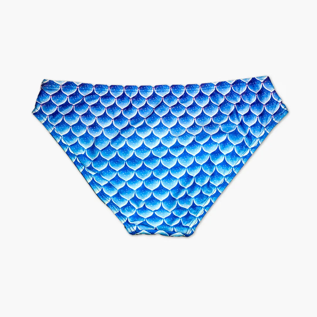 Bacl Detail view Studio product photography of Bikini bottom featuring a blue fish scales print, part of the Ocean Queens Delphi, Happy Swim Brief collection