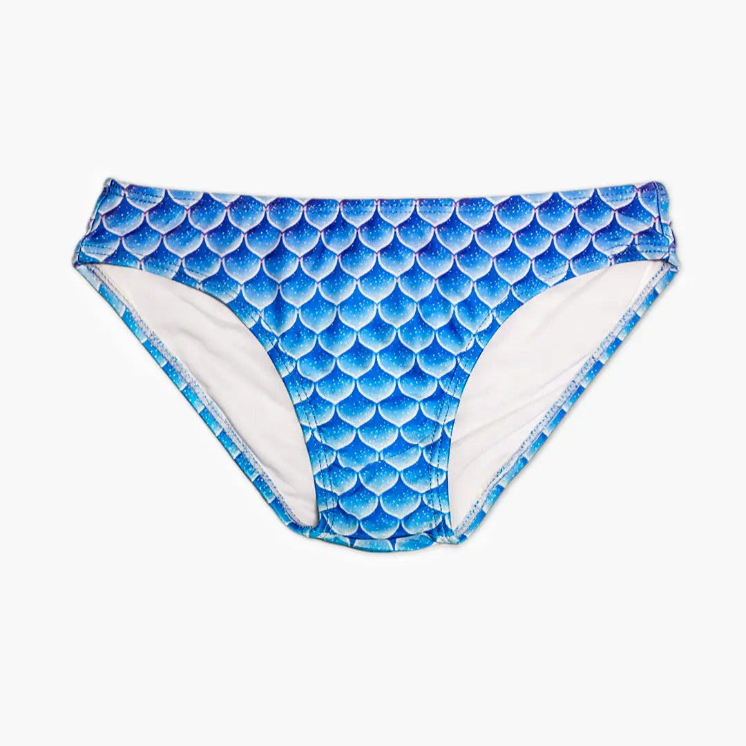 Front view Studio product photography of Bikini bottom featuring a blue fish scales print, part of the Ocean Queens Delphi, Happy Swim Brief collection