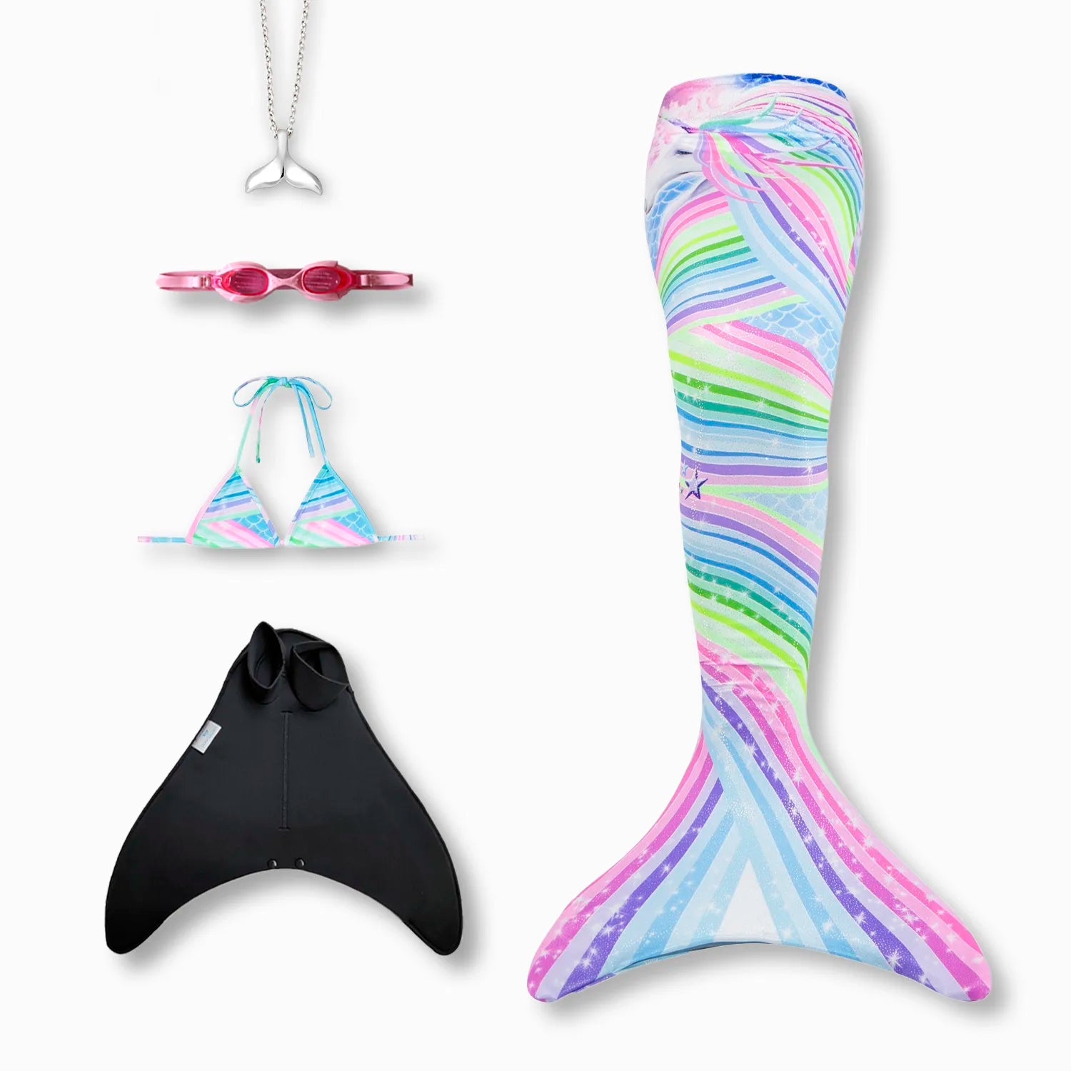 Unicorn mermaid tail with monofin, bikini top, goggles and necklace